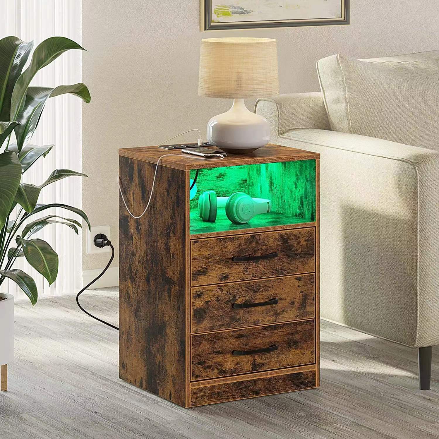3 Drawers Bedside Nightstand with USB Charging Lamp HWD-GZDX02